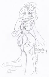 Size: 457x715 | Tagged: safe, artist:evangle, fluttershy, anthro, 30 minute art challenge, clothes, dress, monochrome, simple background, solo, white background
