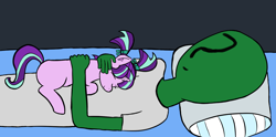 Size: 1650x818 | Tagged: safe, artist:shobieshy, starlight glimmer, oc, oc:anon, pony, unicorn, bed, bow, cuddling, ear fluff, eyes closed, female, filly, hair bow, holding a pony, lying down, on back, pillow, prone, sleeping, smiling, younger