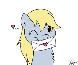 Size: 976x819 | Tagged: safe, artist:vigilantefreak, derpy hooves, pegasus, pony, chest fluff, female, heart, letter, mail, mare, mouth hold, solo, wink