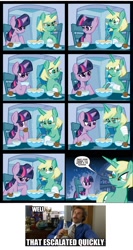 Size: 988x1860 | Tagged: safe, derpibooru import, idw, twilight sparkle, comic, glasses, jade singer, ron burgundy, summer mane, that escalated quickly, will ferrell