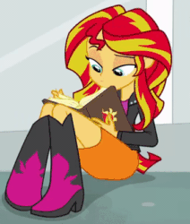 Size: 355x419 | Tagged: safe, sunset shimmer, equestria girls, rainbow rocks, animated, cropped, journey book, magic skirt, sitting