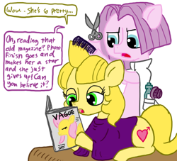 Size: 660x600 | Tagged: safe, artist:ficficponyfic, fluttershy, vidala swoon, oc, oc:golden brisk, pegasus, pony, barber, brush, colt, comb, conversation, eyelashes, hair styling, magazine, male, mane, saloon, scissors, speech bubble, trap