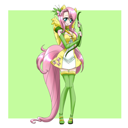 Size: 3240x3240 | Tagged: safe, artist:hotokotenshi, fluttershy, bow (weapon), clothes, dress, eared humanization, high res, humanized, looking at you, nail polish, quiver, solo, tailed humanization, winged humanization