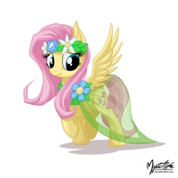 Size: 996x996 | Tagged: safe, artist:mysticalpha, fluttershy, pegasus, pony, clothes, dress, floral head wreath, flower, solo