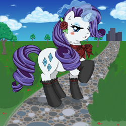 Size: 4000x4000 | Tagged: safe, artist:hartnote, rarity, pony, unicorn, absurd resolution, clothes, ribbon, scenery, solo, stockings