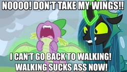 Size: 1156x659 | Tagged: safe, edit, edited screencap, screencap, queen chrysalis, spike, changeling, changeling queen, dragon, the ending of the end, caption, distressed, female, glowing horn, horn, image macro, magic, male, pure unfiltered evil, telekinesis, text, ultimate chrysalis, vulgar, winged spike