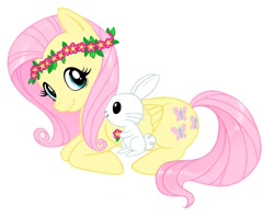 Size: 800x636 | Tagged: safe, artist:courtneygodbey, angel bunny, fluttershy, pegasus, pony, floral head wreath, flower