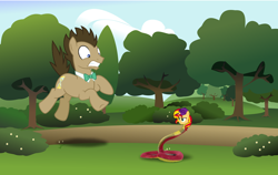 Size: 900x568 | Tagged: safe, artist:barbra, doctor whooves, sunset shimmer, pony, male, stallion, sunset slither