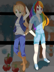 Size: 480x640 | Tagged: safe, artist:mori, derpibooru import, applejack, rainbow dash, human, humanized, pixiv