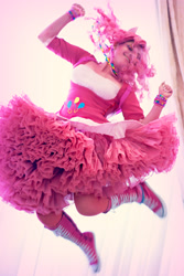 Size: 900x1350 | Tagged: safe, artist:alcblueyes, pinkie pie, human, cosplay, irl, irl human, jumping, photo, solo