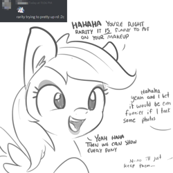 Size: 1650x1650 | Tagged: safe, artist:tjpones, derpibooru import, rainbow dash, pegasus, pony, ask, dialogue, discord (program), ear fluff, eyeliner, female, grayscale, implied rarity, lipstick, makeup, mare, monochrome, offscreen character, simple background, sketch, smiling, tumblr, white background