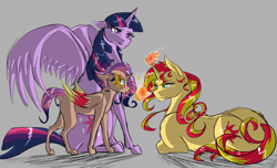 Size: 1024x622 | Tagged: safe, artist:minto-hameragi, sunset shimmer, twilight sparkle, twilight sparkle (alicorn), oc, alicorn, pony, unicorn, alicorn oc, female, lesbian, magical lesbian spawn, mare, offspring, parent:sunset shimmer, parent:twilight sparkle, parents:sunsetsparkle, shipping, sunsetsparkle