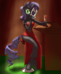 Size: 3326x4000 | Tagged: safe, artist:shdingo, rarity, oc, oc:abraxia, anthro, changeling, alcohol, clothes, dress, drink, female, mask, solo