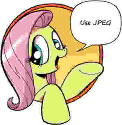 Size: 421x431 | Tagged: safe, fluttershy, pegasus, pony, bad advice fluttershy, blue eyes, dialogue, exploitable meme, female, mare, meme, needs more jpeg, open mouth, pink mane, raised hoof, raised leg, simple background, smiling, solo, speech bubble, talking to viewer, underhoof, yellow coat