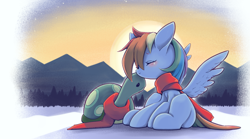 Size: 1805x1000 | Tagged: safe, artist:unousaya, derpibooru import, rainbow dash, tank, pegasus, pony, blushing, clothes, cute, dashabetes, duo, eyes closed, female, hnnng, mare, scarf, snow, spread wings, wings, winter