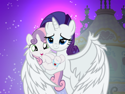 Size: 3000x2250 | Tagged: safe, artist:beavernator, rarity, sweetie belle, alicorn, pony, alicornified, bandage, carrying, holding a pony, injured, large wings, lidded eyes, race swap, raricorn, story in the source, wings