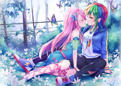 Size: 4500x3212 | Tagged: safe, artist:odaefnyo, derpibooru import, fluttershy, rainbow dash, butterfly, human, better together, equestria girls, anime, clothes, converse, couple, cute, daaaaaaaaaaaw, dress, eyes closed, female, flutterdash, garden, grass, hoodie, human coloration, humanized, imminent kissing, leaning, leggings, lesbian, multicolored hair, romance, shipping, shoes, smiling