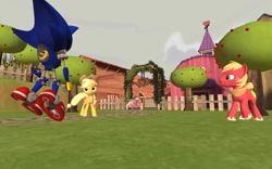 Size: 1280x800 | Tagged: safe, artist:dirtpeanut, apple bloom, applejack, big macintosh, cheerilee, earth pony, pony, 3d, crossover, gmod, male, metal sonic, sonic the hedgehog (series), stallion