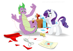 Size: 1200x855 | Tagged: safe, artist:pia-sama, rarity, spike, dragon, pony, unicorn, blushing, female, male, older, older spike, scissors, sewing machine, shipping, sparity, straight, thread