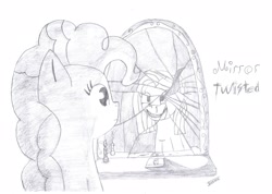 Size: 2287x1631 | Tagged: safe, artist:crade, pinkie pie, earth pony, pony, mirror, monochrome, pinkamena diane pie, sharp teeth, solo