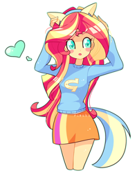 Size: 1024x1292 | Tagged: safe, artist:riouku, sunset shimmer, equestria girls, :o, blush sticker, blushing, canterlot high, clothes, colored pupils, cute, heart, moe, open mouth, pony ears, school spirit, shimmerbetes, simple background, skirt, solo, sweater, watermark, white background, wide eyes, wondercolts