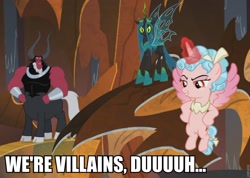 Size: 960x683 | Tagged: safe, edit, edited screencap, screencap, cozy glow, lord tirek, queen chrysalis, alicorn, centaur, changeling, changeling queen, pony, the ending of the end, alicornified, bow, caption, cloven hooves, cozycorn, cropped, evil grin, female, filly, grin, hair bow, image macro, male, nose piercing, nose ring, piercing, race swap, smiling, text, trio, ultimate chrysalis