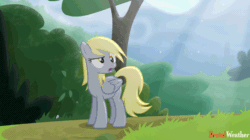Size: 636x357 | Tagged: safe, artist:brutalweather studio, derpy hooves, starlight glimmer, pegasus, pony, unicorn, rock solid friendship, :t, abuse, angry, animated, anvil, bouncing, confused, derp, derpybuse, falling, female, frown, gif, glare, glimmerbuse, hitting, mare, nose wrinkle, open mouth, ouch, raised eyebrow, raised hoof, scrunchy face, slow motion, throwing, wide eyes