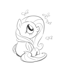 Size: 692x799 | Tagged: safe, artist:burrburro, fluttershy, butterfly, pegasus, pony, folded wings, looking at something, looking up, monochrome, profile, prone, simple background, sketch, solo, white background