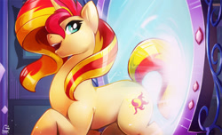 Size: 1500x909 | Tagged: safe, artist:chocokangoo, sunset shimmer, pony, unicorn, female, magic mirror, mare, mirror, open mouth, portal, raised leg, solo