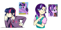 Size: 918x452 | Tagged: safe, artist:s1nb0y, starlight glimmer, twilight sparkle, twilight sparkle (alicorn), alicorn, human, pony, unicorn, clothes, humanized, light skin, simple background, white background