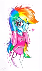 Size: 2121x3526 | Tagged: safe, artist:liaaqila, derpibooru import, rainbow dash, equestria girls, clothes, cute, dashabetes, heart, heart hands, looking at you, multicolored hair, simple background, solo, traditional art