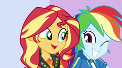 Size: 1280x720 | Tagged: safe, derpibooru import, screencap, rainbow dash, sunset shimmer, a fine line, better together, equestria girls, clothes, duo, geode of empathy, geode of super speed, magical geodes, one eye closed, open mouth, shipping fuel, wink