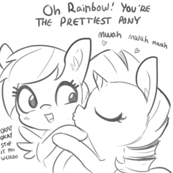 Size: 1650x1650 | Tagged: safe, artist:tjpones, derpibooru import, rainbow dash, rarity, pegasus, pony, unicorn, dialogue, ear fluff, eyes closed, female, grayscale, heart, kiss on the cheek, kissing, lesbian, mare, monochrome, mwah, raridash, shipping, simple background, sketch, white background