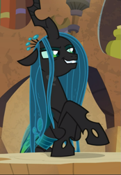 Size: 655x939 | Tagged: safe, screencap, queen chrysalis, changeling, changeling queen, the ending of the end, cropped, evil grin, grin, sitting, smiling, solo