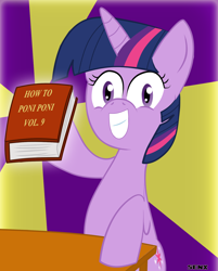 Size: 1696x2108 | Tagged: safe, artist:senx, derpibooru import, twilight sparkle, book, grin, hoof hold, looking at you, poni, smiling, solo, squee, wide eyes