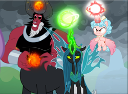 Size: 1272x940 | Tagged: safe, screencap, cozy glow, lord tirek, queen chrysalis, alicorn, centaur, changeling, changeling queen, the ending of the end, alicornified, claws, cozycorn, cropped, evil grin, eyeshadow, female, filly, final battle, flapping, flying, foal, former queen chrysalis, glowing horn, grin, horn, horns, lidded eyes, magic, makeup, powerful, race swap, smiling, smug, trio, ultimate chrysalis