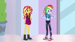 Size: 1280x720 | Tagged: safe, derpibooru import, screencap, rainbow dash, sunset shimmer, a fine line, better together, equestria girls, boots, clothes, converse, geode of empathy, geode of super speed, high heel boots, jacket, leather jacket, legs, magical geodes, mall, pants, shoes, skirt, sneakers