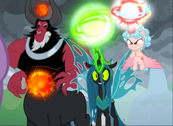 Size: 1292x939 | Tagged: safe, screencap, cozy glow, lord tirek, queen chrysalis, alicorn, changeling, changeling queen, the ending of the end, alicornified, cozycorn, cropped, evil grin, glowing horn, grin, horn, magic, powerful, race swap, slasher smile, smiling, trio, ultimate chrysalis