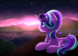 Size: 1024x737 | Tagged: safe, artist:mitralexa, starlight glimmer, pony, unicorn, cute, dock, ear fluff, female, glimmerbetes, lake, leg fluff, lens flare, looking up, mare, night, night sky, outdoors, profile, prone, scenery, shooting stars, sky, solo, starry night, stars, twilight (astronomy)