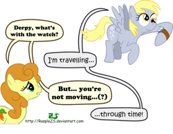 Size: 900x697 | Tagged: safe, artist:rasplezs, carrot top, derpy hooves, golden harvest, dialogue, speech bubble, text, time travel, watch