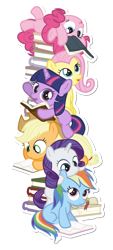 Size: 324x716 | Tagged: safe, artist:dm29, derpibooru import, applejack, fluttershy, pinkie pie, rainbow dash, rarity, twilight sparkle, earth pony, pegasus, pony, unicorn, book, cute, dashabetes, diapinkes, filly, jackabetes, julian yeo is trying to murder us, mane six, raribetes, shyabetes, simple background, sticker, tower of books, tower of pony, transparent background, twiabetes, younger