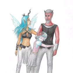 Size: 2416x2392 | Tagged: safe, artist:happyhomeless, cozy glow, lord tirek, queen chrysalis, human, the ending of the end, clothes, cobble glow, cozybuse, cozylove, crying, daddy tirek, dark skin, dress, elf ears, family, feels, female, hand on shoulder, horn, horned humanization, hug, humanized, legion of doom, loincloth, looking at each other, male, mommy chrissy, nose piercing, nose ring, petrification, piercing, pony coloring, sad, scared, scene interpretation, simple background, skirt, tanktop, traditional art, white background, winged humanization, wings