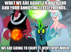 Size: 688x500 | Tagged: safe, edit, edited screencap, screencap, cozy glow, lord tirek, queen chrysalis, alicorn, changeling, changeling queen, the ending of the end, alicornified, avengers: endgame, cozycorn, cropped, dialogue, evil grin, glowing horn, grin, horn, magic, meme, race swap, smiling, text, thanos, trio, ultimate chrysalis