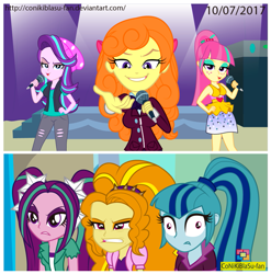 Size: 989x1003 | Tagged: safe, artist:conikiblasu-fan, adagio dazzle, aria blaze, orange sherbette, sonata dusk, sour sweet, starlight glimmer, dance magic, equestria girls, mirror magic, spoiler:eqg specials, angry, background human, beanie, derp, error, hat, microphone, replaced, the dazzlings