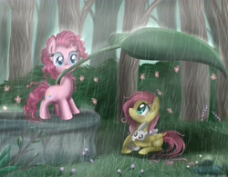 Size: 5120x3995 | Tagged: safe, artist:pridark, angel bunny, fluttershy, pinkie pie, earth pony, pegasus, pony, crying, eye contact, female, flutterpie, leaf, leaf umbrella, lesbian, looking at each other, rain, shipping, wet mane