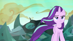 Size: 1542x869 | Tagged: safe, artist:frownfactory, edit, edited screencap, screencap, queen chrysalis, starlight glimmer, changeling, changeling queen, unicorn, the ending of the end, to where and back again, badass, changeling hive, defeated, like a boss, rubble, starlight glimmer in places she shouldn't be, walking away, windswept mane