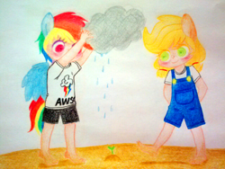 Size: 640x480 | Tagged: safe, artist:doqwor, derpibooru import, applejack, rainbow dash, human, cloud, cute, duo, humanized, pigtails, rain, raincloud, traditional art, younger