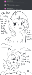 Size: 1650x3808 | Tagged: safe, artist:tjpones, derpibooru import, rainbow dash, rarity, pegasus, pony, unicorn, clothes, cloud, comic, dialogue, discord (program), duo, female, frilly, grayscale, looking back, looking up, mare, monochrome, music notes, rainbow dumb, reverse psychology, scheming, simple background, white background