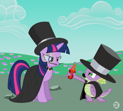 Size: 500x451 | Tagged: safe, artist:neodarkwing, derpibooru import, spike, twilight sparkle, dragon, cloak, clothes, evil, fake moustache, hat, ketchup, monocle, spikely whiplash, top hat