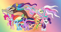 Size: 2154x1128 | Tagged: safe, artist:vaiya, derpibooru import, applejack, discord, fluttershy, pinkie pie, rainbow dash, rarity, twilight sparkle, twilight sparkle (alicorn), alicorn, earth pony, pegasus, pony, unicorn, female, mane six, mare, rainbow power